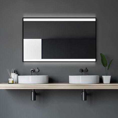 Talos Black Shine Badspiegel 120 x 70 cm - Badezimmerspiegel mit LED Beleuchtung in neutralweiß - matt schwarz - AN-AUS Taster am Rahmen (1/5)
