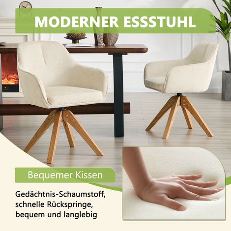 Fauteuil de salle à manger pivotant 360°, lot de 2, pieds en bois massif, revêtement tissu beige, assise en mousse, dossier ergonomique, style moderne et élégant. (1/5)