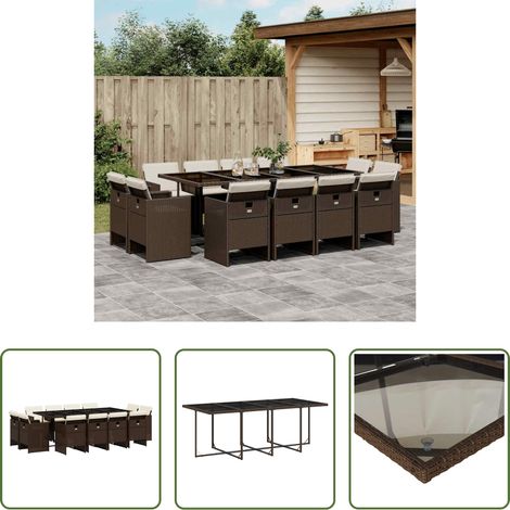 Gartentisch - 13-tlg. Garten-Essgruppe mit Kissen Braun Poly Rattan (1/5)