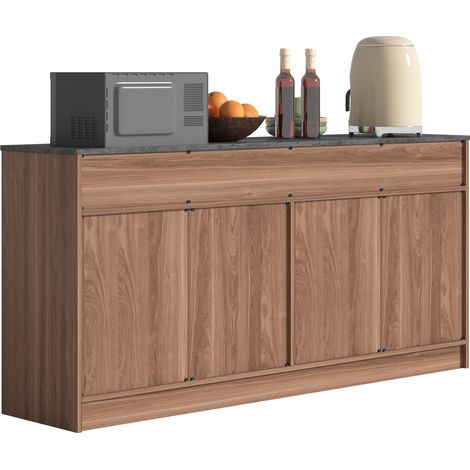 Meuble de cuisine avec 3 tiroirs, 2 espaces à étagères réglables, plateau aspect béton, bois foncé, 160 cm, pour îlot central et buffet, 76,5 x 160 x 37 cm CHICFURN (1/5)