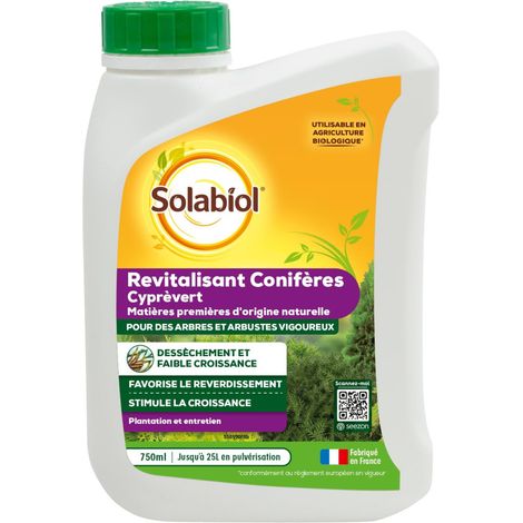 SOLABIOL Engrais Conifères - Cyprevert Revitalisant - 750ml - Jusqu'à 250m² - Stimule La Croissance - Favorise Le Reverdissement - Efficace Sur Conifères & Arbustes SOCYP750S