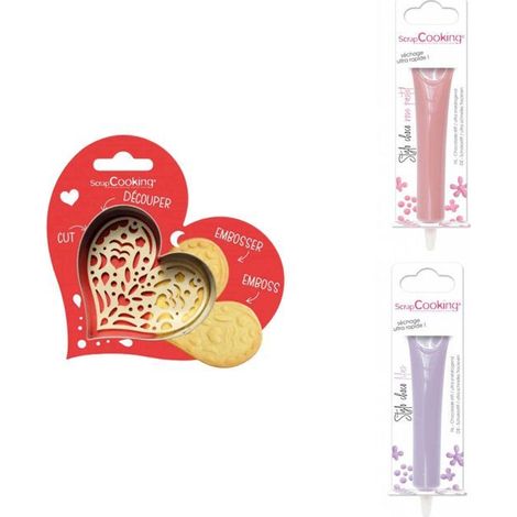 Kit pour biscuit en relief Coeur + 2 Stylos au chocolat rose pastel et lilas (1/3)