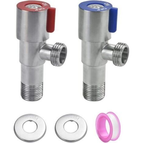 2 PCS Vanne d'Angle de Robinet en Acier Inoxydable 304 Vanne de Régulation d'Angle Métallique Robinet d'Équerre Universel avec Ruban Étanche pour Robinet de Lavabo, Toilette, Chauffe-