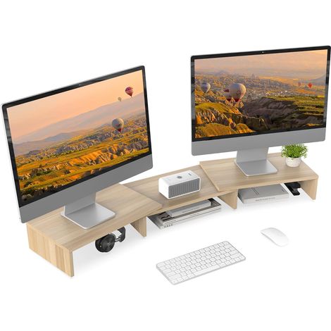 Réhausseur d'Écran en Bois,Support de Moniteur Réglable,Support d'Ordinateur Portable,PC,TV,Imprimante - pour 2 Moniteurs,92,5-108x23,5x10,2cm,Couleur Chêne (1/5)