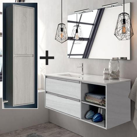 Ensemble meuble de salle de bain 120cm vasque déportée + colonne de rangement - hibernian (bois blanchi) - OLYMPE (1/5)