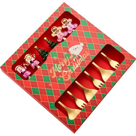 Ensemble de 6 pièces pour Noël : cuillère et fourchette en acier inoxydable au design mignon, idéales pour le thé, le café et les fruits. (1/5)