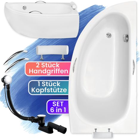 Badewanne Eckbadewanne 150x70 Rechts mit AcrylSchürze + Handgriffen + Kopfstütze, Ablauf & Füße GRATIS, SET 6in1 - BADLAND MILENA PREMIUM (1/5)