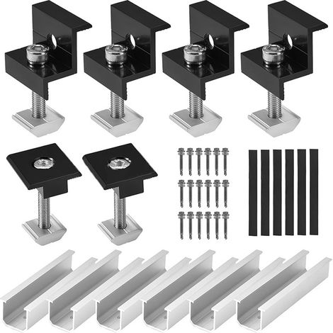 Solar Halterung Ziegeldach Montageset, PV Halterung Montageset - 12CM Schwarze Schiene + Verstellbare Klemme für 30-35MM Dicke Module, Alu Solarpanel Halterung Flachdach Trapezblech Blechdach (1/5)