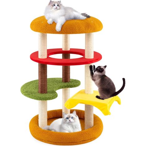 COSTWAY Albero per Gatti 106 cm, Tiragraffi per Gatti a Tema Hamburger con Trespolo Imbottito, Letto Spazioso, Tiragraffi di Sisal e Cuscini Morbidi, Casetta per Gattini, 60 x 60 x 106 cm (1/5)