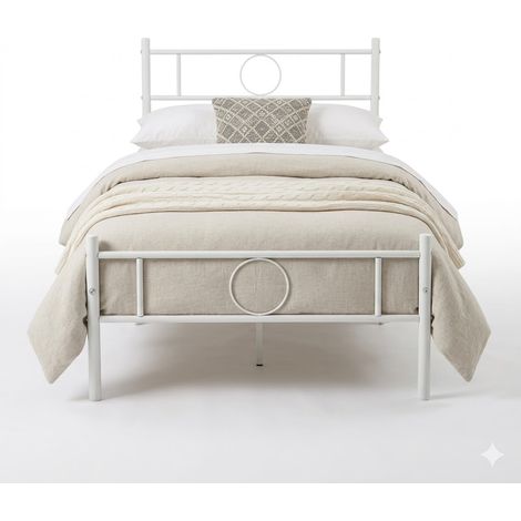 FurnitureR Metallbettrahmen, einfacher und solider Rahmen mit modernem dekorativem Kreisdesign, perfekt für Schlafzimmer, Studio oder Wohnung, geeignet für 90x190CM Matratze, weiß (1/5)