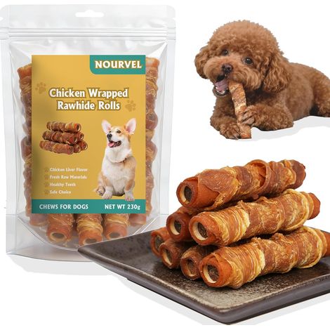 Friandises pour Chiens au Poulet fumé - 230 g (6 pièces) - Rouleaux de Peau de bœuf enrobés de Poulet et Foie, Longue durée, pour Petits et Moyens Chiens (1/5)
