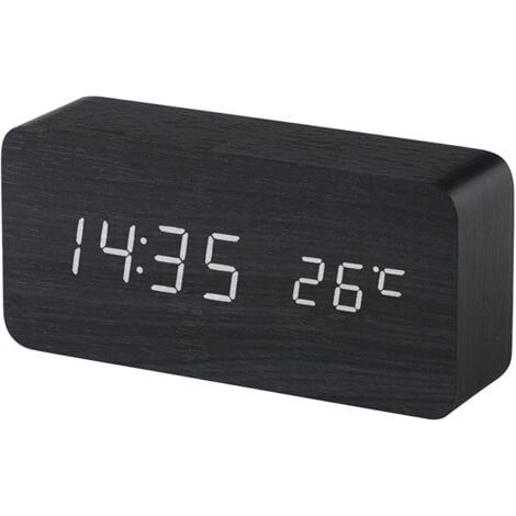 (Noir) Réveil digital en bois avec contrôle sonore par LED, alimentation double par batterie USB, horloge silencieuse en bois avec LED, décorations pour la maison (1/5)