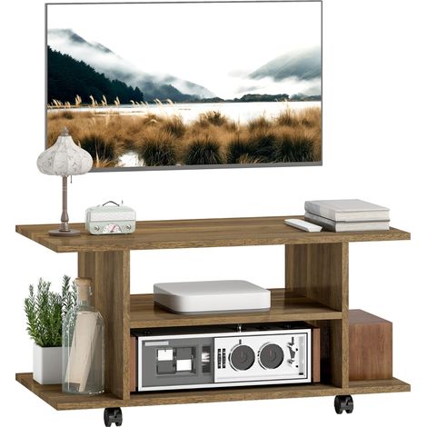 Meuble TV 80 cm avec roulettes pour TV jusqu'à 42 pouces et étagères ouvertes en noyer moderne et pratique (1/5)