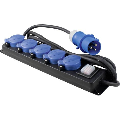 as - Schwabe Ciabatta CEE a 5 prese con interruttore a 3 poli, presa multipla CEE con cavo da 4,5 m, 230 V, 16 A, con interruttore e coperchio di sicurezza, per interni ed esterni, IP44, nero I 38619