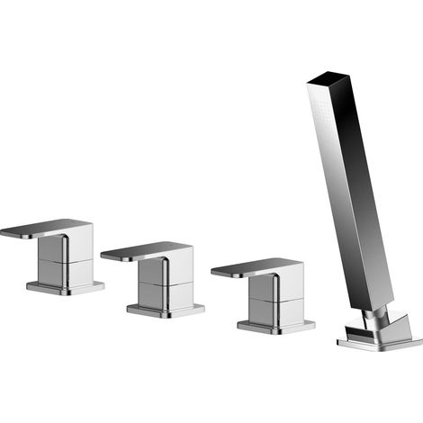 Deck Mount Square 4 Tap Hole Bath Shower Mixer Tap with Kit Chrome