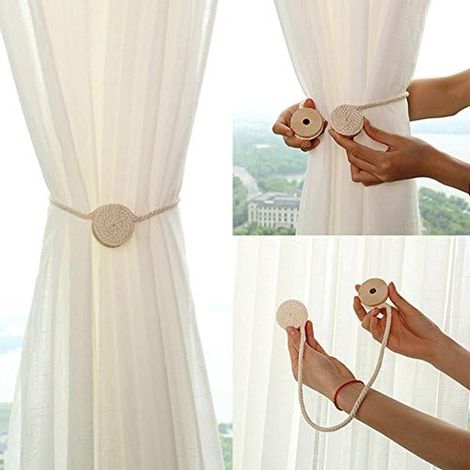 CSPARKV 45 cm magnetische Vorhang-Raffhalter, 2er-Set, pastoraler Stil, runde Vorhang-Raffhalter aus Holz, Baumwollseil, für Heim- und Bürodekoration, Beige