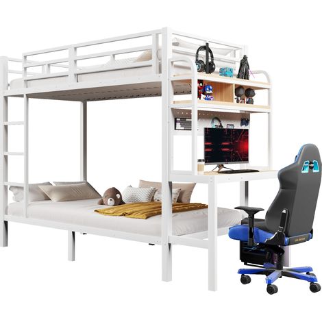 Lit mezzanine enfant lit combiné 90x200 cm avec bureau, bande led, étagère, port usb, garde-corps et échelle, blanc (1/5)
