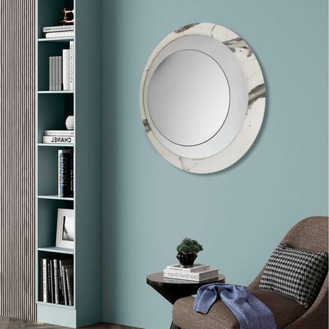 Specchio rotondo 80x80 cm in marmo laminato Bianco foglia argento - DAVID (1/2)