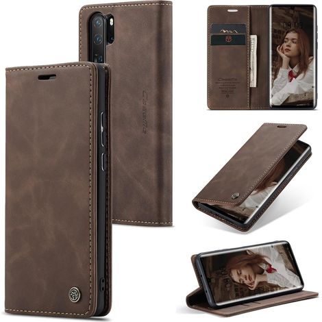 Coque pour Huawei P30 Pro, Etui Protection Housse Premium en Cuir PU, Emplacements Cartes Magnétique Pochette de Portefeuille Flip Case pour Huawei P30 Pro - Café (1/5)
