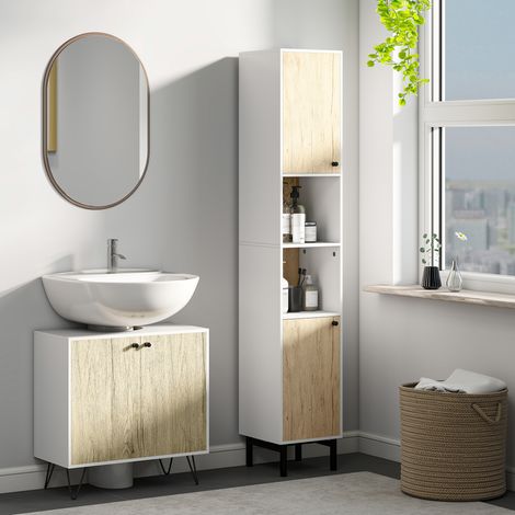 Meuble sous lavabo armoire basse avec 2 portes étagère et pieds en acier 60x30x60 cm chêne et blanc