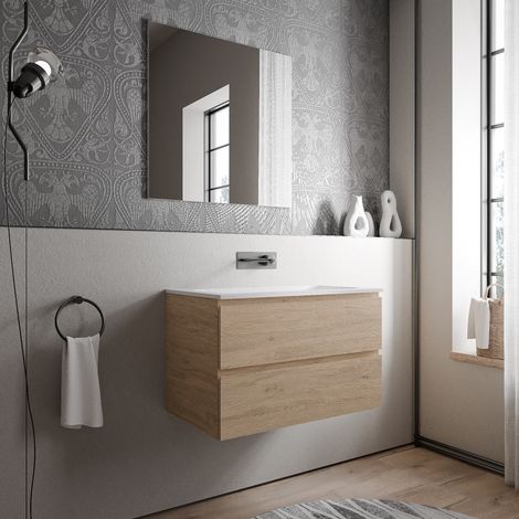 BERNSTEIN - Mueble bajo lavabo AVA 80 cm con lavabo de fundición mineral CREAM- color a elegir:Honeygold oak, Blanco mate sin orificio para grifo