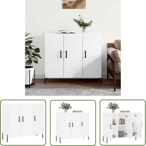 The Living Store Buffet blanc 90x34x80 cm bois d'ingénierie - Buffet Blanc - Buffet Design - Armoire Blanche - Meuble Rangement - Commode (1/5)