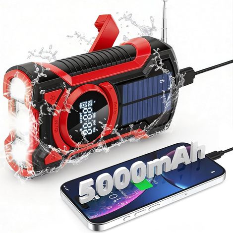 Rechargeable Portable Radio Dynamo avec Lampe de Poche LED, Power Bank 5000mAh AM/FM Radio Manivelle Solaire, SOS Alarm/Lampe Poch/3W Haut-parleurs, Outdoor, Emergency (1/5)