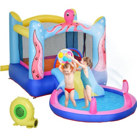 AMXCNOY Château gonflable autogonflant comprenant un gonfleur, des patchs, 1 trampoline, 1 bassin d'eau, 1 toboggan, 360 x 175 x 180 cm