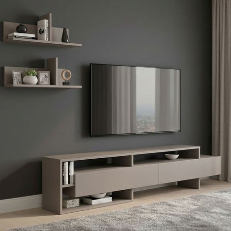 Pared Modular Huko, Mueble Sala 2 Cajones, 9 Estantes, Puerta Corredera, Beige (1/3)