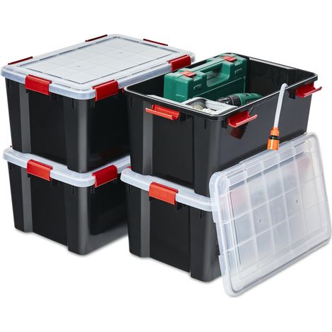 Iris Ohyama 4 Cajas herméticas de plástico con tapa y cierres a presión, 50L, Negro, sello impermeable, apilables, antipolvo, para ropas, camping, exteriores, cubo de almacenaje, box, AT-L
