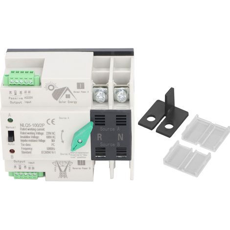 Marhynchus Commutateur de Transfert Automatique à Double Puissance, Commutateur de Générateur 2P avec 2 Modes de Fonctionnement pour Montage sur Rail DIN 35 Mm PV vers Utilitaire (100A) (1/5)
