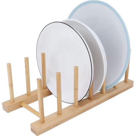 égouttoir à vaisselle - Bois - égouttoir à vaisselle - égouttoir à vaisselle - Porte-couvercles - Porte-assiettes en bambou - Organisateur de placard de cuisine - 30x12cm（7 espaces） (1/5)