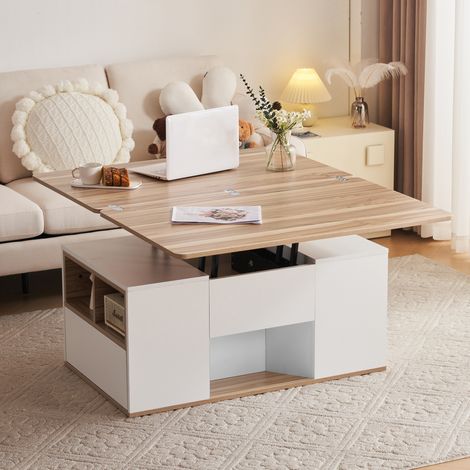 Mesa de centro elevable multifunción 100 x 51 x 47 cm, blanca y efecto madera HAVRYA (1/5)
