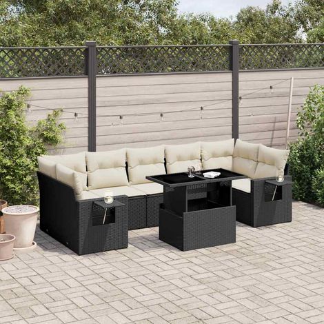 Ensemble Salon Jardin 8 Places Résine Tressée Noir avec Coussins Crème - Table Réglable et Mobilier Modulaire (1/5)