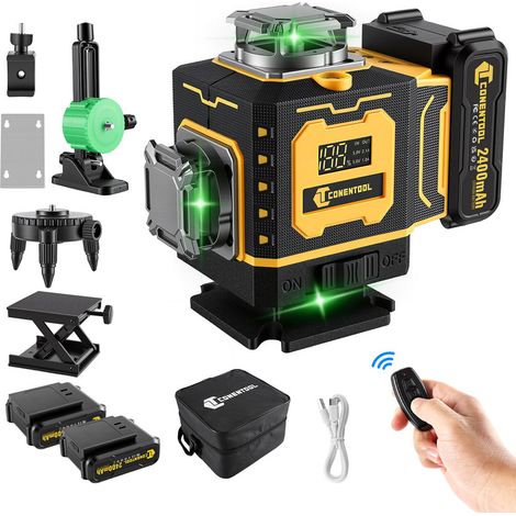 CONENTOOL Niveau Laser Vert 4D 16 Lignes, Autonivelant, Niveaux laser avec télécommande et Base magnétique, , 2 X 2400mah Batterie (1/5)