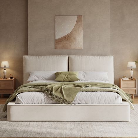 Lit rembourré 160 x 200 cm, lit double avec tête de lit capitonnée 13 cm et sommier à lattes, revêtement chenille, Beige