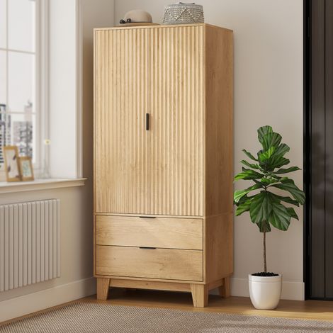 Armoire chambre penderie 2 portes fermeture douce 2 tiroirs tringle 80x50x180 bois naturel (1/5)