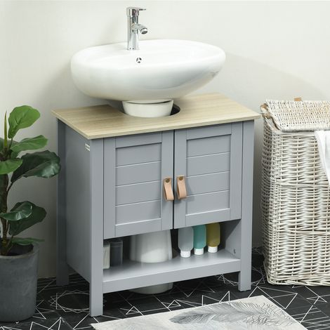 Placard sous lavabo Gris compact 2 portes étagère intérieure réglable auxiliaire salle bain 60x30x60 cm