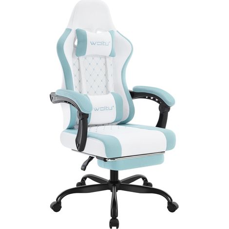 WOLTU Silla Gaming - Sillón de Oficina con Soporte Lumbar y Reposacabezas - Altura Regulable - Blanco+Azul