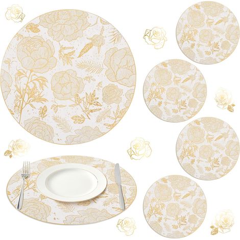 Lot de 6 sets de table ronds 38 × 38 cm motif pivoine dorée en PVC ajouré imperméables résistants aux taches d’huile et faciles à nettoyer (1/5)