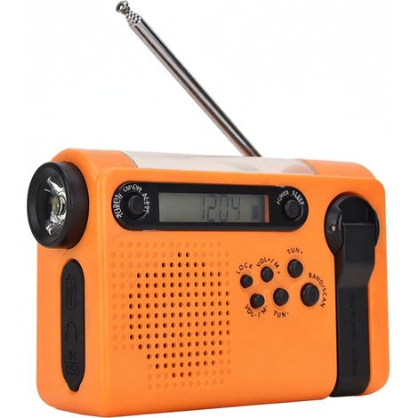 Radio d'urgence portable HanRongDa pour l'extérieur, AM/FM/SW, à énergie solaire et manivelle, avec lampe torche LED, batterie 2000 mAh et alarme SOS. (1/5)