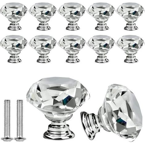 Tiradores de cristal para muebles, juego de 10 unidades, tiradores de cristal transparente con forma de diamante de 30 mm, adecuados para tiradores de cajones y puertas de armarios. (1/3)