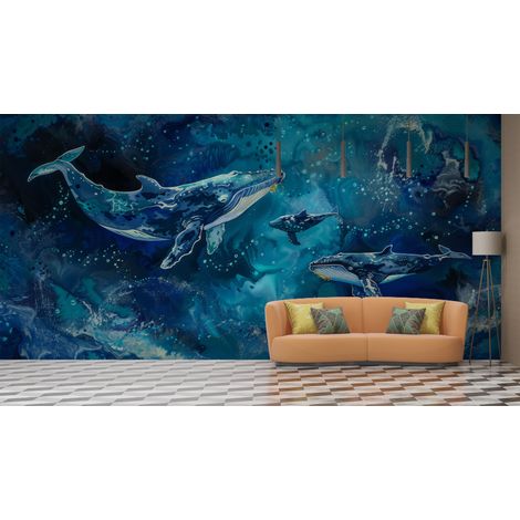 Papier peint animaux - baleines bleues en pleine mer - 150 x 250 cm (1/2)