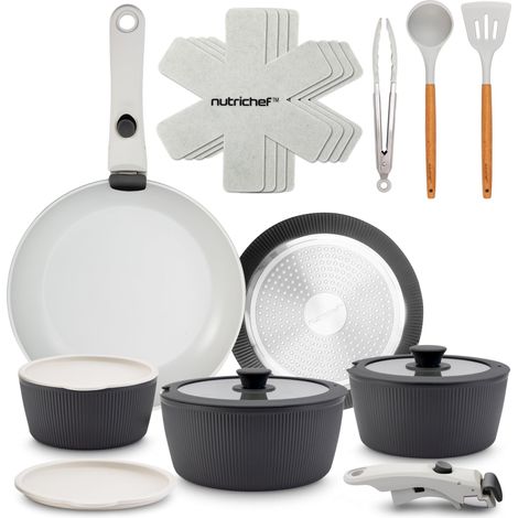 Ensemble d'Ustensiles de Cuisine en Céramique de 18 Pièces avec Poignées Détachables, Casseroles et Poêles Antiadhésives, Revêtement Céramique Naturel sans PTFE, Design Gain de Place (1/5)