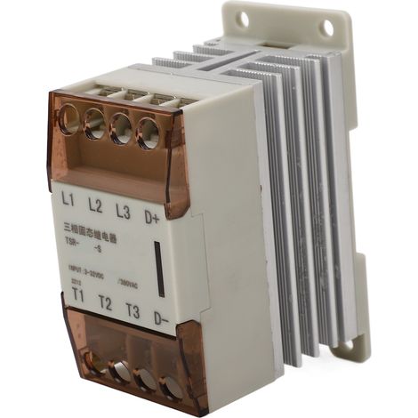 Relais statique triphasé 40A avec radiateur, tension de commande 3-32VDC, charge 24-380VAC, coque blanche, modèle TSR 40DA (1/5)