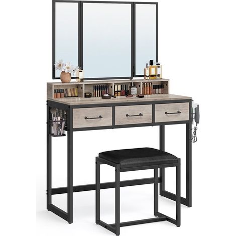 Ensemble de coiffeuse 90 x 40 x 141 cm table de toilette avec tabouret rembourré avec miroir triple 3 tiroirs porte-sèche-cheveux pot style industriel marron rustique et noir