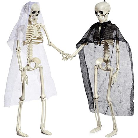 Paire squelette marié mariée Halloween, os humains simulés en plastique, décoration squelette pour maison hantée, avec vêtements (1/5)