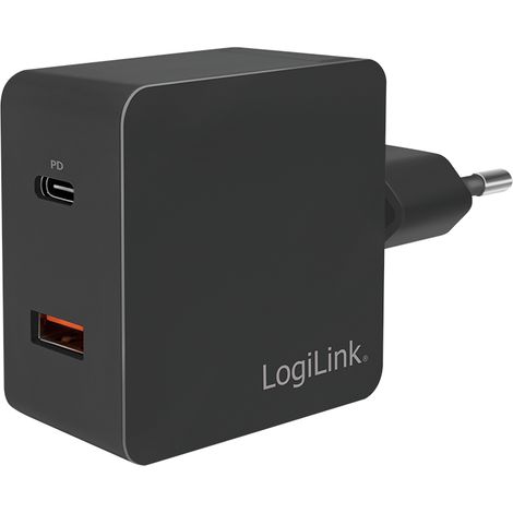 Adaptador de viaje USB LogiLink 1xUSB-C PD + 1xUSB-A QC Carga rápida de 18W (1/5)