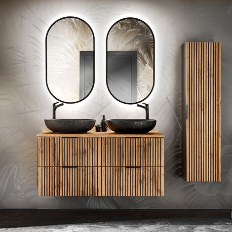 Ensemble meuble double vasque 120cm miroirs LED et colonne Gaia Bois et Noir - Vasque Noir (1/5)