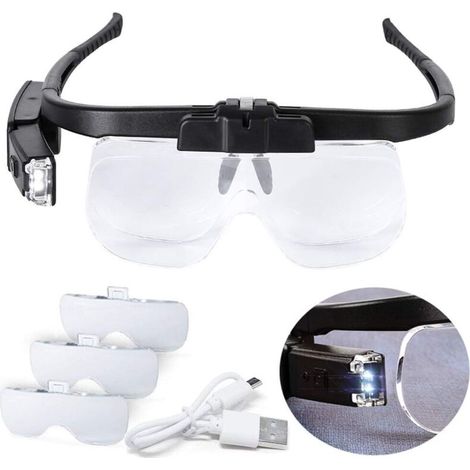 Loupe éclairante LED pour travaux de précision, loupe frontale rechargeable par USB, mains libres pour broderie au point de croix, couture, loisirs créatifs, lecture, 3 lentilles de rechange (grossiss